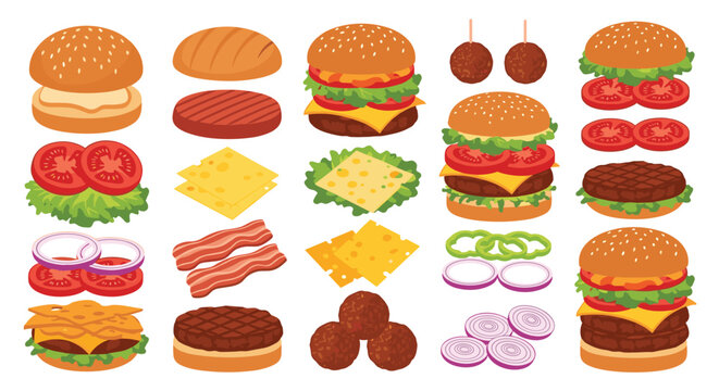 Wide array of burger components such as patties, cheese, buns, and vegetables is shown both separately and as fully assembled cheeseburgers.