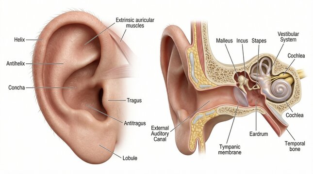 Detailed Medical Illustration Of Human Ear Anatomy Showing External Structure And Internal Cross Section With Labels
