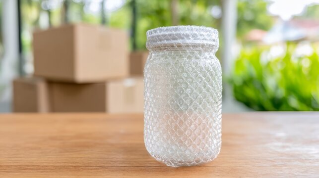 Glass jar wrapped in bubble wrap standing on table. Preparation for moving house or secure shipping process. Fragile object protection for logistics, safety parcel delivery concept.