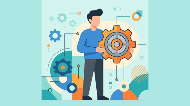 Man holding large gear in front of colorful mechanical background