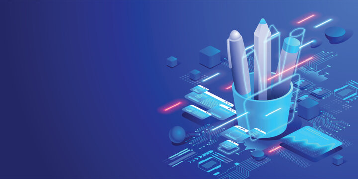 Modern workplace technology concept Digital office supplies and productivity tools Futuristic environment. Isometric neon illustration corporate workflow, organization and business efficiency