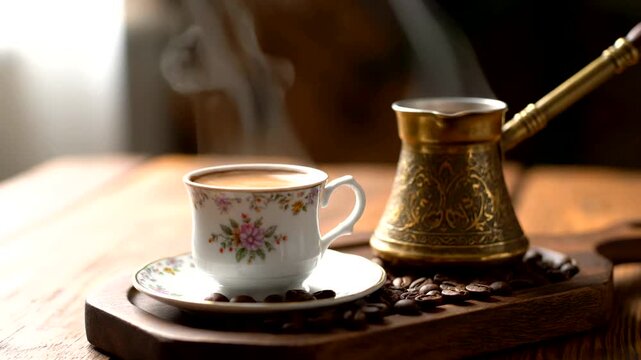 Steaming cup of coffee on tray.