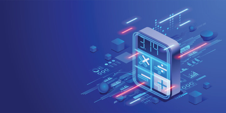 Financial analytics technology concept Digital calculator and data visualization elements Accounting, budgeting and corporate performance analysis. Illustration for fintech and business intelligence