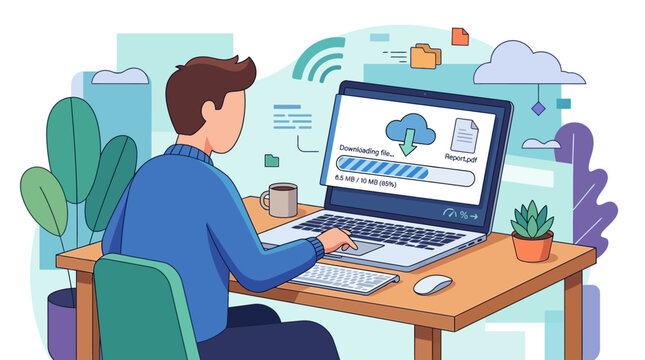 Man sitting at desk with laptop downloading file from cloud storage