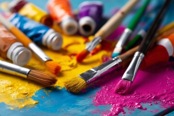 Obraz premium Colorful Artist Workspace with Paint Tubes and Brushes on Vibrant Yellow and Blue Surface