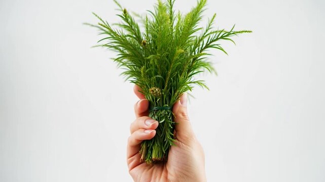 A hand holds a small bunch of fresh green pine needles against a plain white background