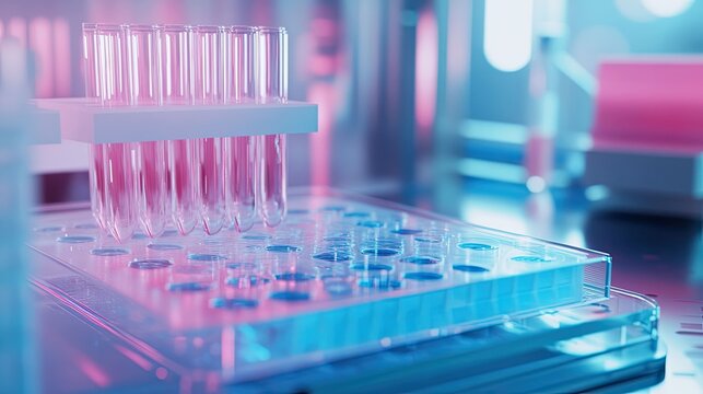 Pipetting clear liquids into a multiwell plate in a bright, sterile lab, illustrating biotech research, clinical testing, molecular analysis and advances in medical science and diagnostics