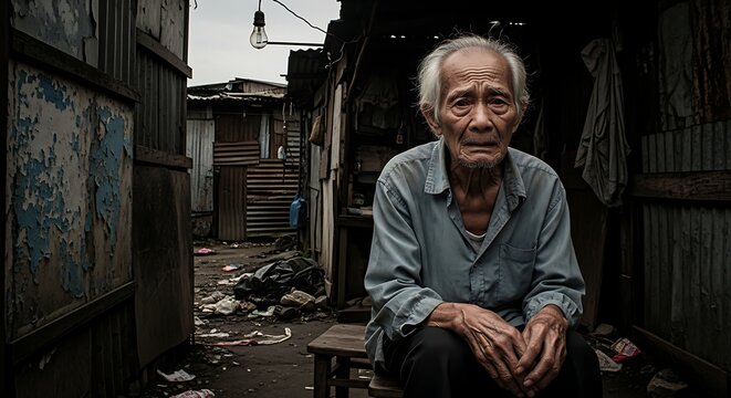 Elderly Man in a Dilapidated Slum - A Portrait of Poverty and Resilience.