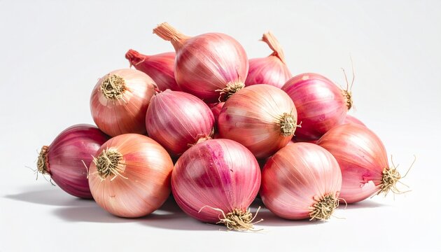 Shallots Fresh Pile on White Background Studio Photograph