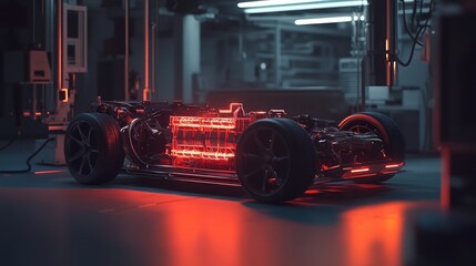 Autonomous vehicle chassis undergoing development with illuminated red electric drivetrain in a dark laboratory, symbolizing advanced automotive technology and innovation