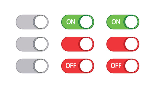 UI Toggle Switch Set with ON and OFF States in Gray, Green and Red, Isolated on White Background