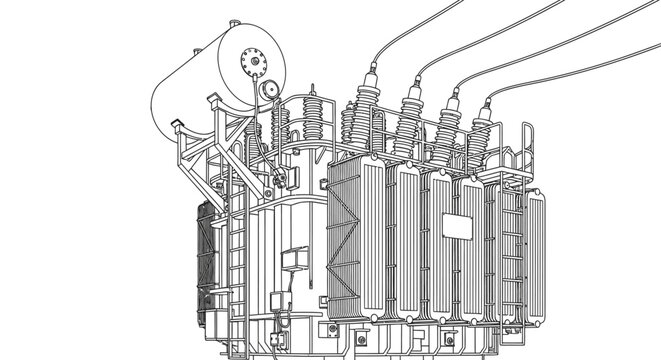 Technical blueprint drawing of a large industrial electrical power transformer, high voltage energy distribution equipment.