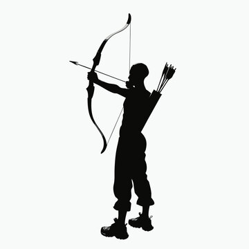 Black silhouette of an archer with bow and arrow, male hunter aiming longbow vector, traditional archery athlete profile on white background