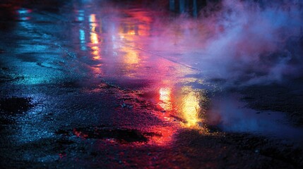 Fototapeta premium alley. Abstract night scene with wet pavement reflecting neon lights, creating a cinematic urban mood. travel magazines, destination branding, designed for outdoor magazines and nature guides.