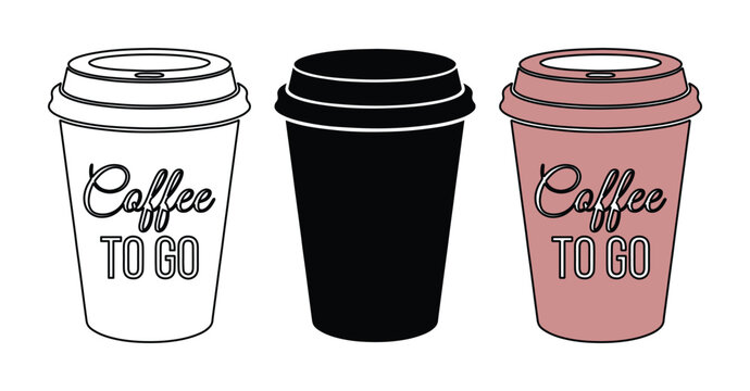 Minimalist coffee to go paper cups vector set, disposable takeaway coffee cup icons in white black and pink, caffeine beverage branding mockups