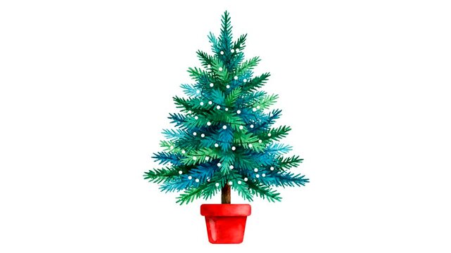Watercolor Christmas Tree with Lights in a Red Pot on White Background.