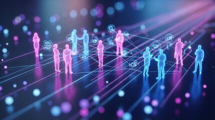 Global networking 3D render illustration, digital connectivity concept with glowing people. Artificial intelligence workforce and virtual collaboration for business strategy.