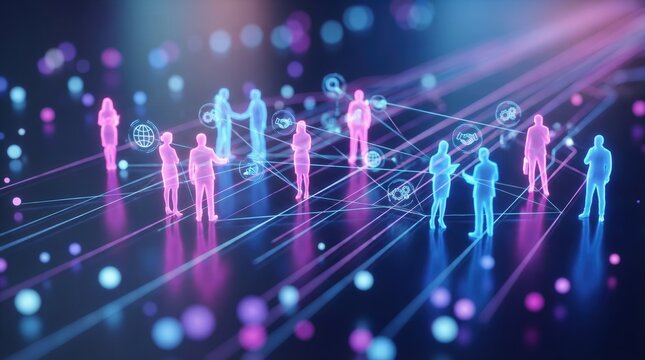 Global networking 3D render illustration, digital connectivity concept with glowing people. Artificial intelligence workforce and virtual collaboration for business strategy.