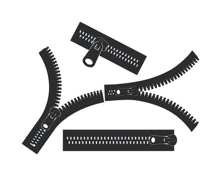Black zipper vector set with open and closed metal fasteners, garment zip puller icons, clothing hardware elements for fashion design