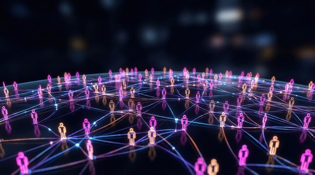 Global digital networking concept with glowing human silhouettes connected by data lines. Virtual community and remote collaboration in 3D render.