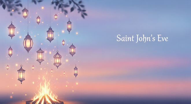 Saint John&rsquo;s Eve, pastel gradient with bonfire and lanterns, elegant composition