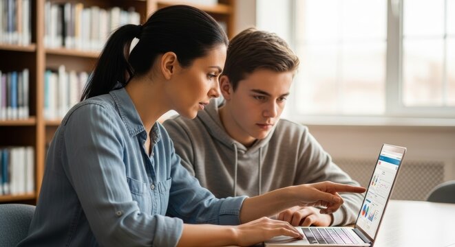 A teacher instructs a teenage student on laptop usage in a library. They focus on a graph displayed on the screen, indicating a learning activity. Generative AI.