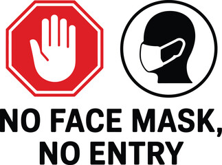 Obraz premium No face mask no entry sign, black and white vector with stop hand and masked figure representing health safety alert for offices schools and public spaces.