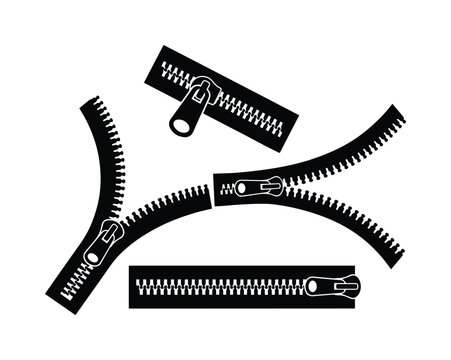 Black zipper vector set with open and closed fasteners, garment sewing accessories collection, isolated clothing zip puller icons on white background