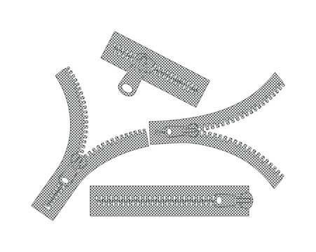 Metallic silver zipper vector set, realistic metal zip fasteners in open and closed positions, industrial garment hardware collection for fashion design