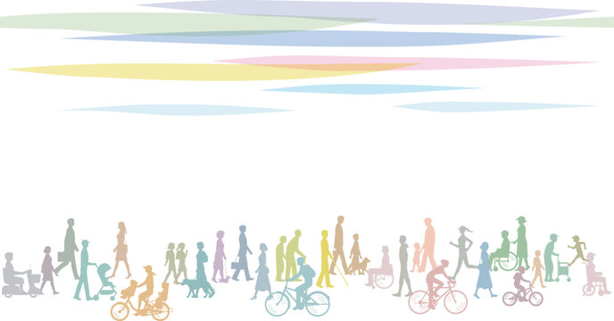 横から見た歩く老若男女。人々、車いす、自転車などのイラスト