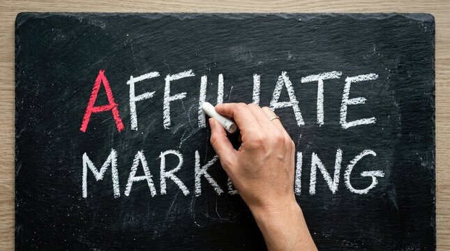 Hand writing Affiliate Marketing on a blackboard with chalk.