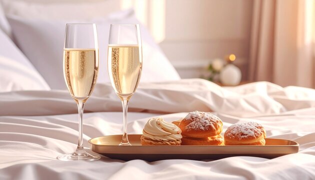 Neon champagne flutes glowing with golden energy, pastries dusted in surreal light, merging indulgence, sustainability, and civic renewal into a vision of luxury, joy, and transformation.