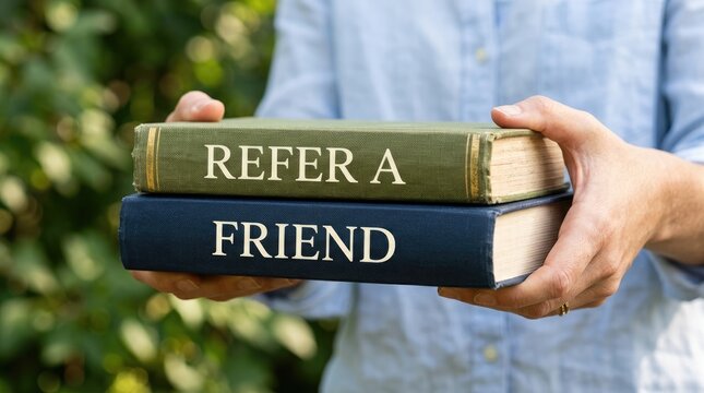 Person holding two books with Refer a Friend text on covers.