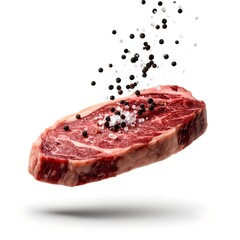 Fototapeta premium Marbled Beef Steak with Peppercorns and Salt, Isolated on White