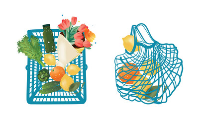 Naklejka premium Reusable shopping mesh bag with organic oranges and shopping cart with food products, supermarket eco set. Goods, purchases from grocery store. Vector illustration in flat doodles style.