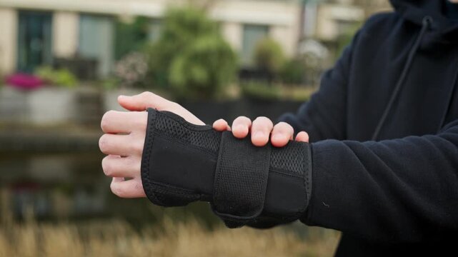 Person applying an orthopedic wrist brace for injury, pain relief and support from carpal tunnel syndrome