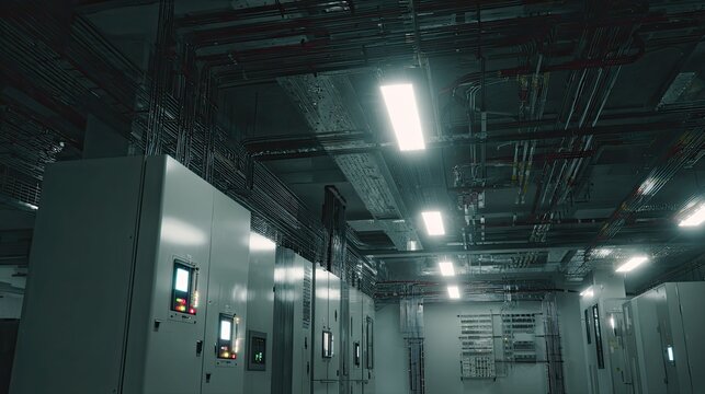 Industrial server room housing robust electrical switchgear and intricate wiring, distributing critical power to advanced energy infrastructure and manufacturing facilities