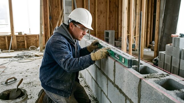 Construction worker laying concrete blocks with level tool on building site, masonry craftsmanship structure development project engineering work, professional construction process