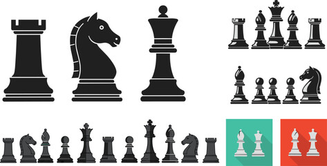 Chess pieces silhouette vector collection, black strategy board game icons with rook knight pawn sets, modern flat design illustration © MDRAKIB