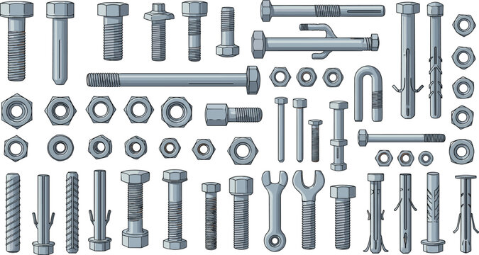 Mechanical fasteners and anchors vector set, bolts nuts washers screws hardware collection, industrial construction elements detailed illustration isolated design