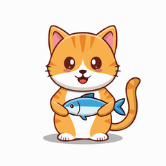 Obraz premium A cartoon cat holds a blue fish with a smile