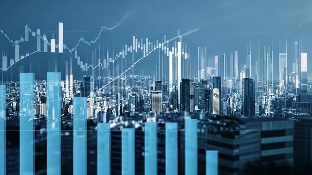 Urban skyline with digital data overlay for finance and technology