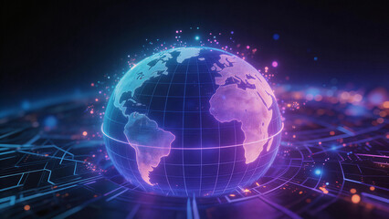 Fototapeta premium Futuristic digital earth with neon network connections, ideal for global tech, communication and digital design projects.