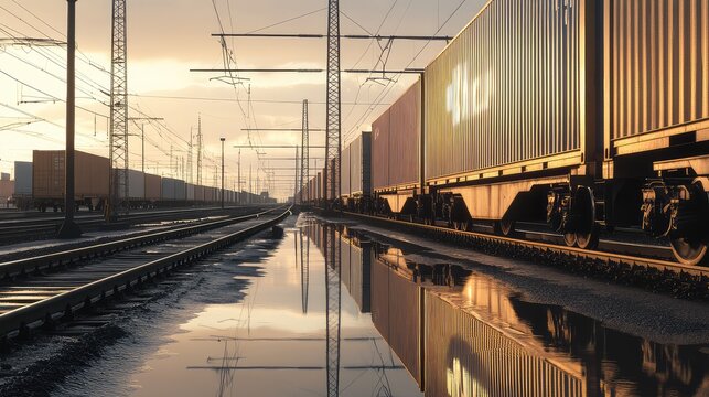 Freight train carrying numerous cargo containers along parallel railway tracks at sunset, reflecting in the wet surface of the tracks and showcasing global transportation and logistics