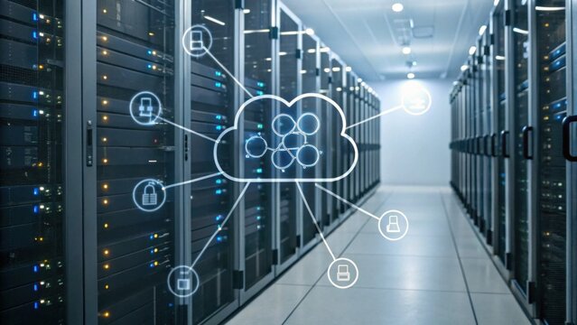A modern data center with rows of server racks connected to a cloud computing network, symbolizing data storage and digital connectivity.