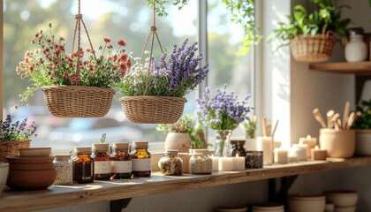 Fototapeta premium A beautifully arranged window sill with hanging flower baskets, essential oil bottles, and candles, creating a serene indoor garden atmosphere.