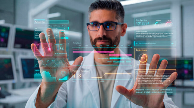 Medical specialist reviewing patient risk data and AI recommendations on holographic interface