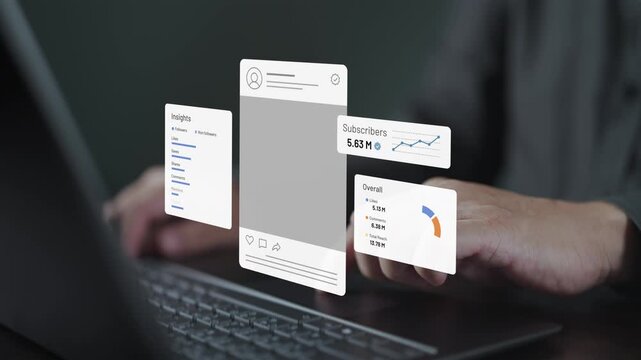 Professional person analyzing social media marketing data and digital metrics on laptop. Graphic interface showing engagement insights, subscriber growth, and analytics for business development.