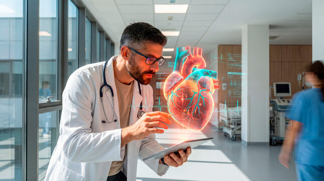 Doctor examining holographic heart model using tablet in hospital corridor