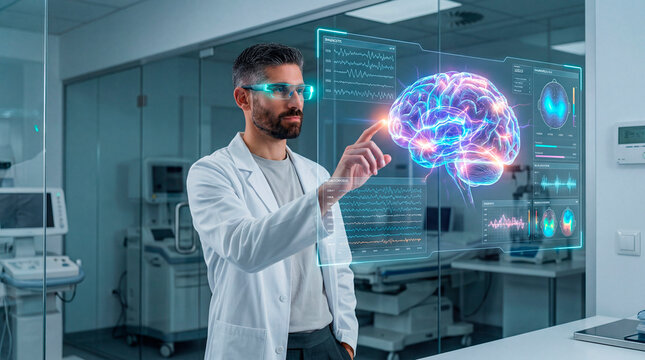 Medical specialist analyzing holographic brain scan data in clinical laboratory